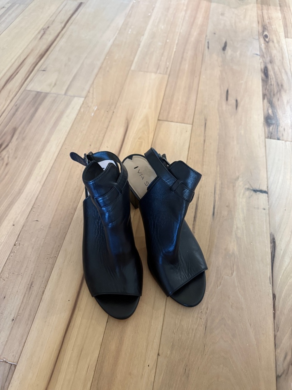 Via Spiga Black Leather Peep-Toe Slingback Heels